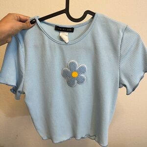 One by One Blue Crop Top with Flower Patch